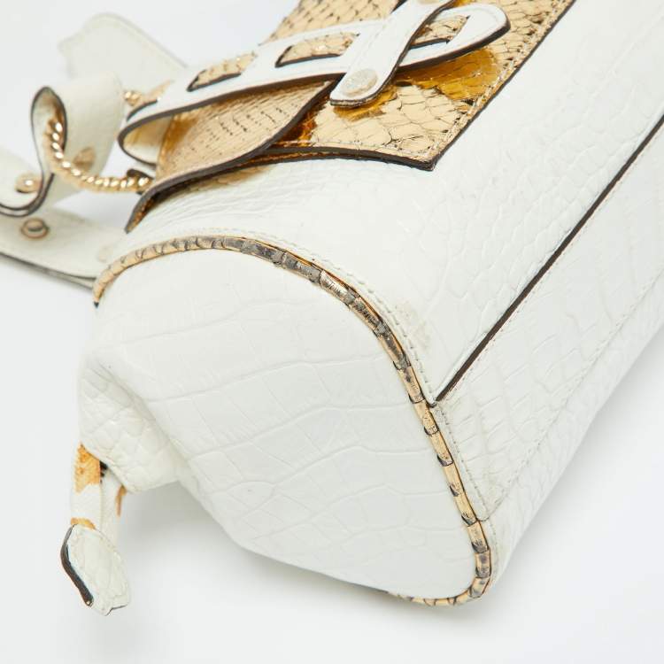 Pre Owned Roberto Cavalli White/Gold Croc Embossed Leather and Snakeskin Satchel