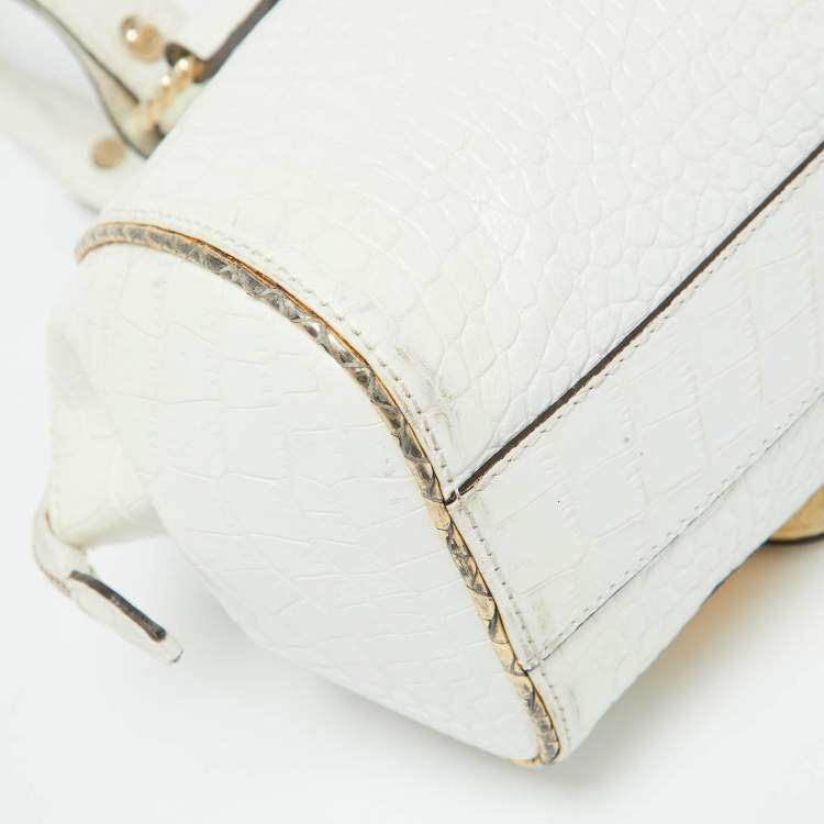 Pre Owned Roberto Cavalli White/Gold Croc Embossed Leather and Snakeskin Satchel