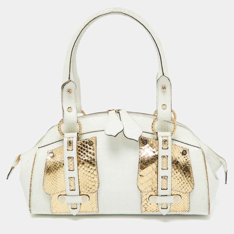 Pre Owned Roberto Cavalli White/Gold Croc Embossed Leather and Snakeskin Satchel