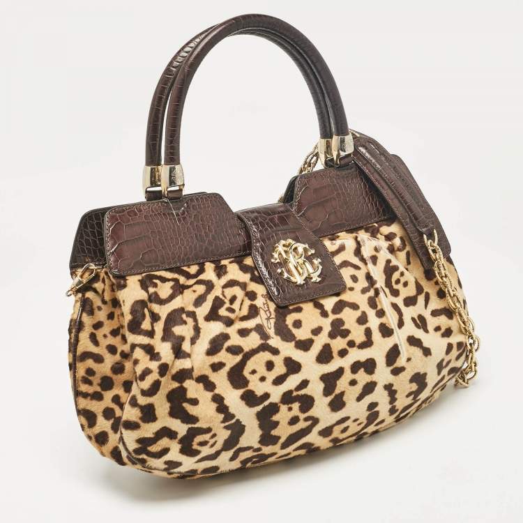 Pre Owned Roberto Cavalli Beige/Brown Leopard Calfhair and Croc Embossed Leather RC Logo Hobo