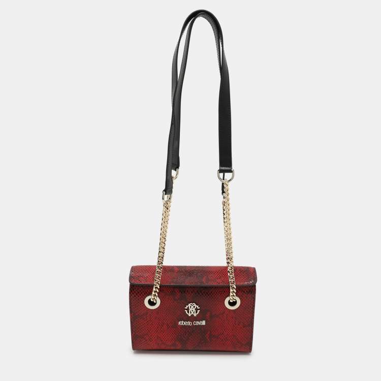 Pre Owned Roberto Cavalli Burgundy/Black Python Embossed Leather Chain Shoulder Bag