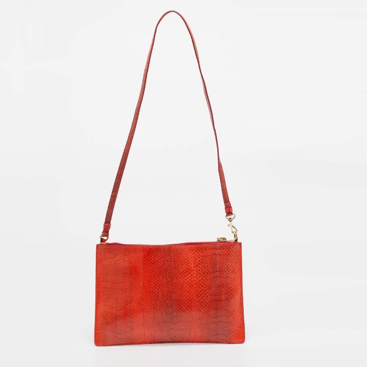 Pre Owned Roberto Cavalli Orange Watersnake Leather Slim Clutch Bag