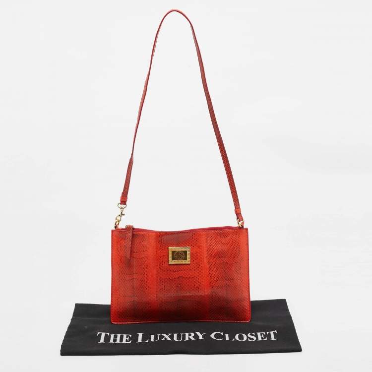 Pre Owned Roberto Cavalli Orange Watersnake Leather Slim Clutch Bag