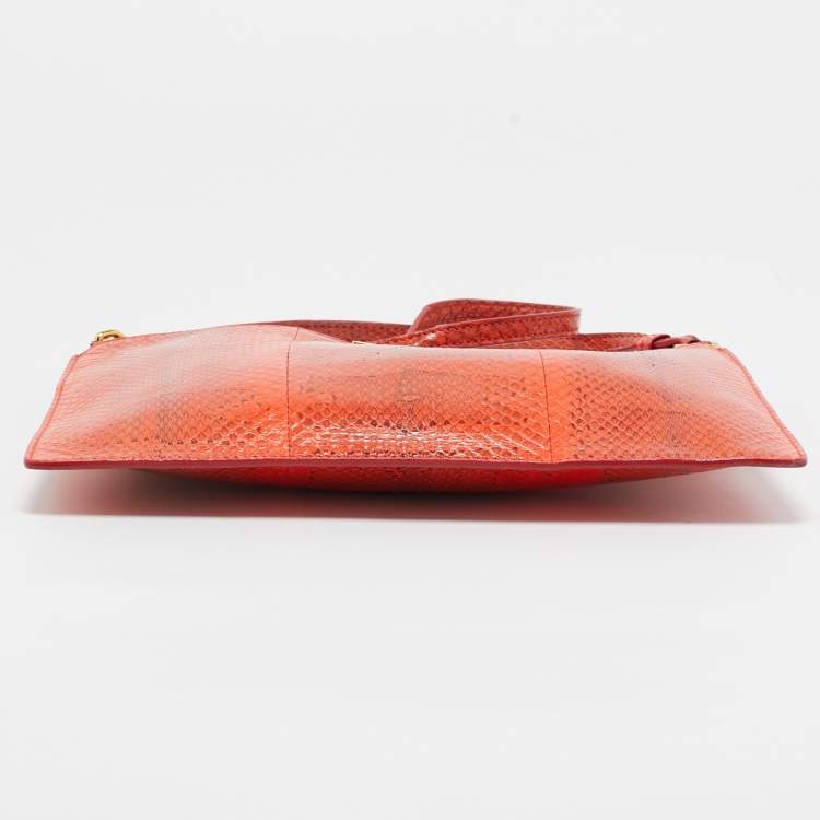 Pre Owned Roberto Cavalli Orange Watersnake Leather Slim Clutch Bag