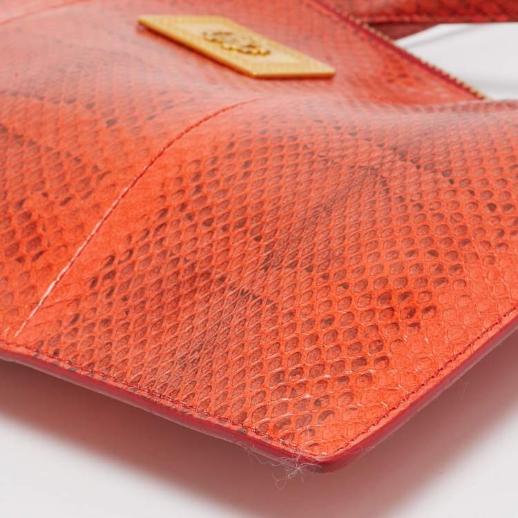 Pre Owned Roberto Cavalli Orange Watersnake Leather Slim Clutch Bag