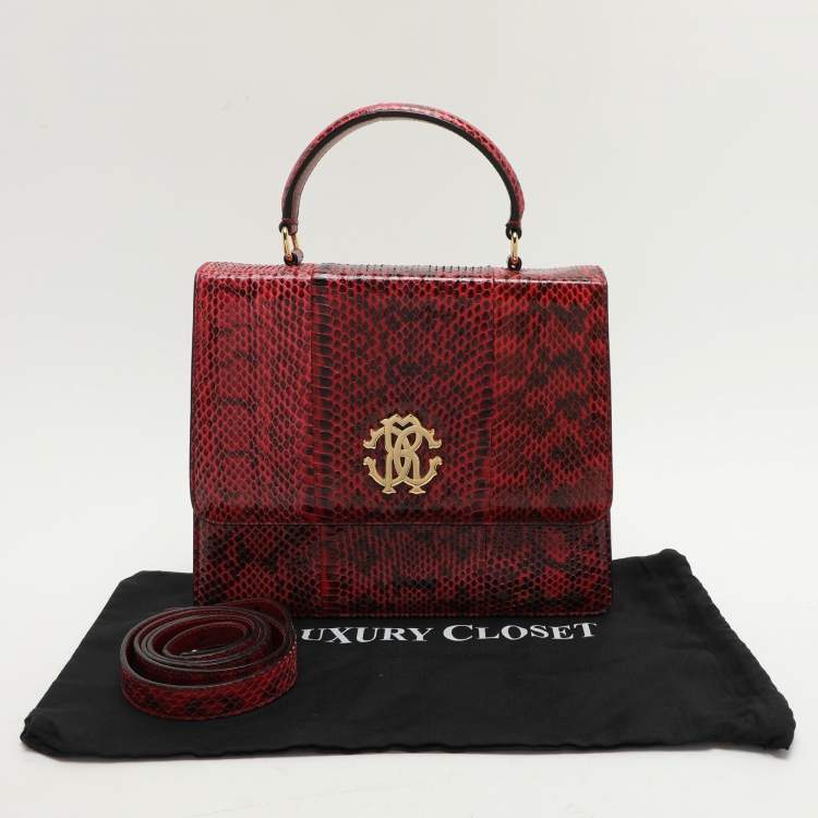 Pre Owned Roberto Cavalli Burgundy/Black Watersnake Top Handle Bag