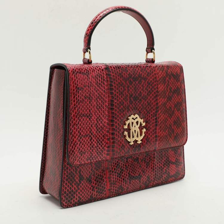 Pre Owned Roberto Cavalli Burgundy/Black Watersnake Top Handle Bag