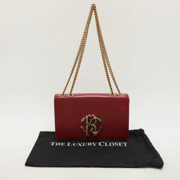 Pre Owned Roberto Cavalli Red Leather RC Monogram Flap Chain Bag