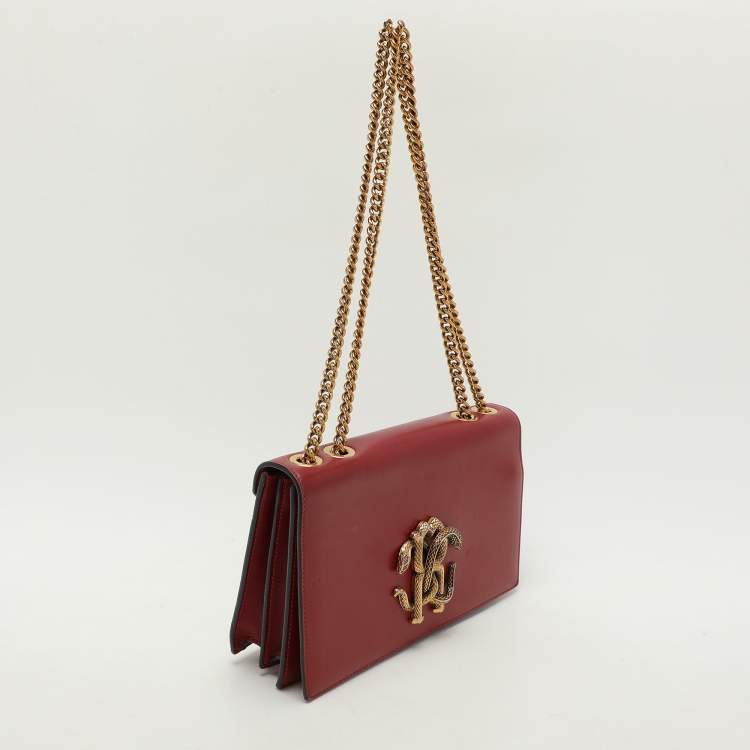Pre Owned Roberto Cavalli Red Leather RC Monogram Flap Chain Bag