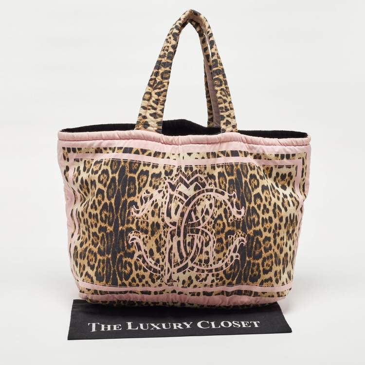 Pre Owned Roberto Cavalli Multicolor Fabric Leopard Print Logo Shopper Tote