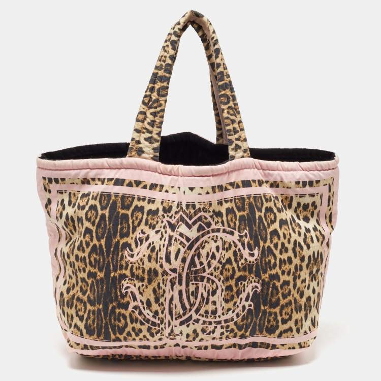 Pre Owned Roberto Cavalli Multicolor Fabric Leopard Print Logo Shopper Tote