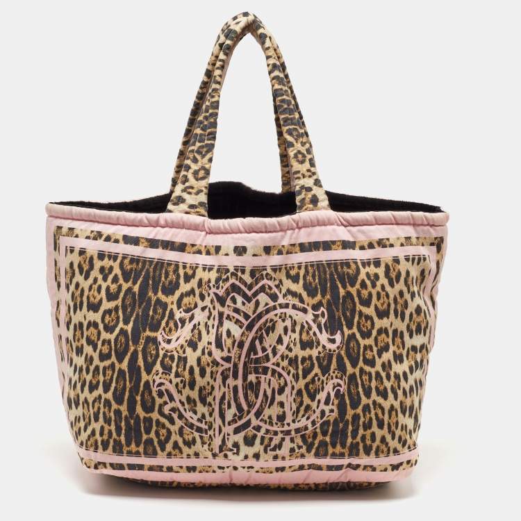 Pre Owned Roberto Cavalli Multicolor Fabric Leopard Print Logo Shopper Tote