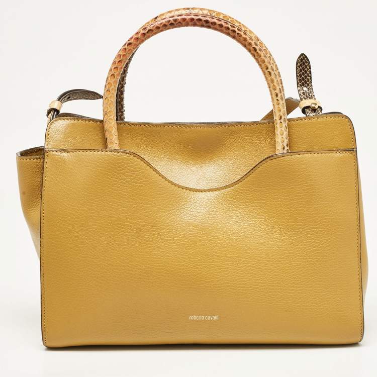 Pre Owned Roberto Cavalli Yellow Leather and Python Lion Logo Tote