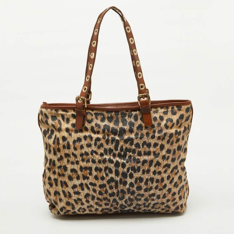 Pre Owned Roberto Cavalli Brown Leopard Print Straw and Leather Front Zip Tote