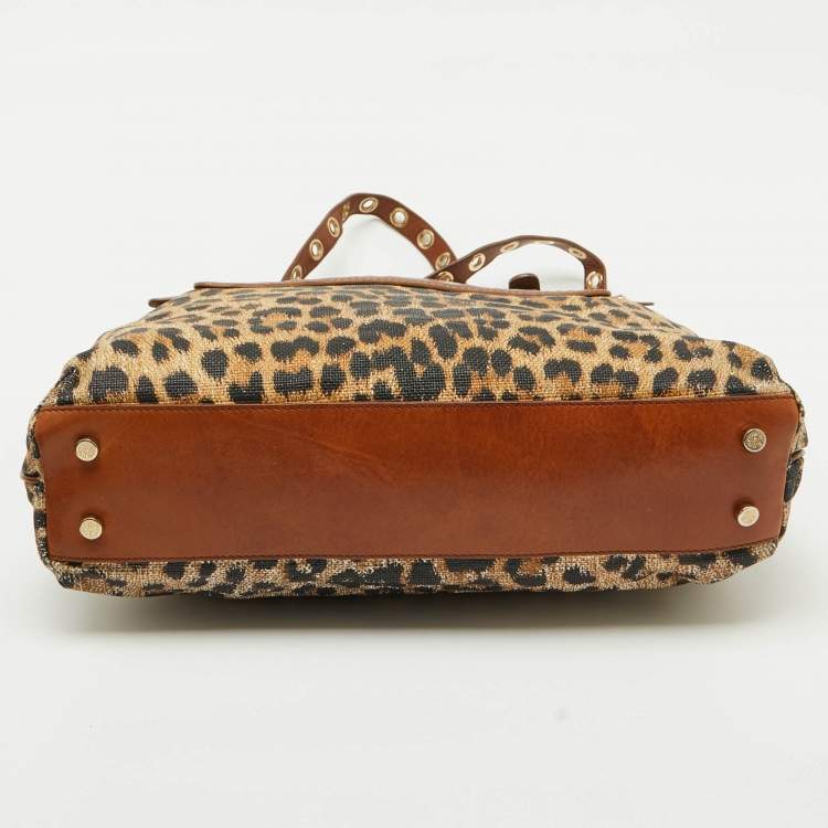Pre Owned Roberto Cavalli Brown Leopard Print Straw and Leather Front Zip Tote