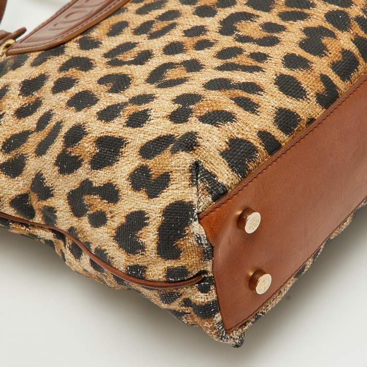 Pre Owned Roberto Cavalli Brown Leopard Print Straw and Leather Front Zip Tote