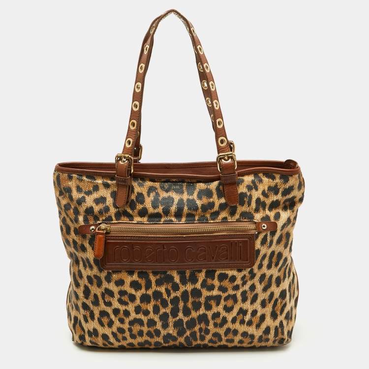 Pre Owned Roberto Cavalli Brown Leopard Print Straw and Leather Front Zip Tote