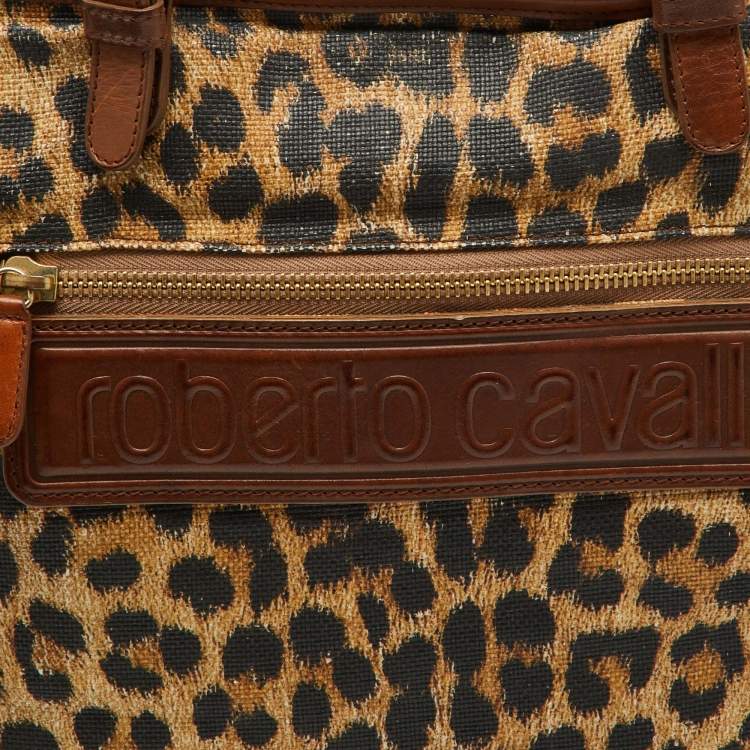 Pre Owned Roberto Cavalli Brown Leopard Print Straw and Leather Front Zip Tote