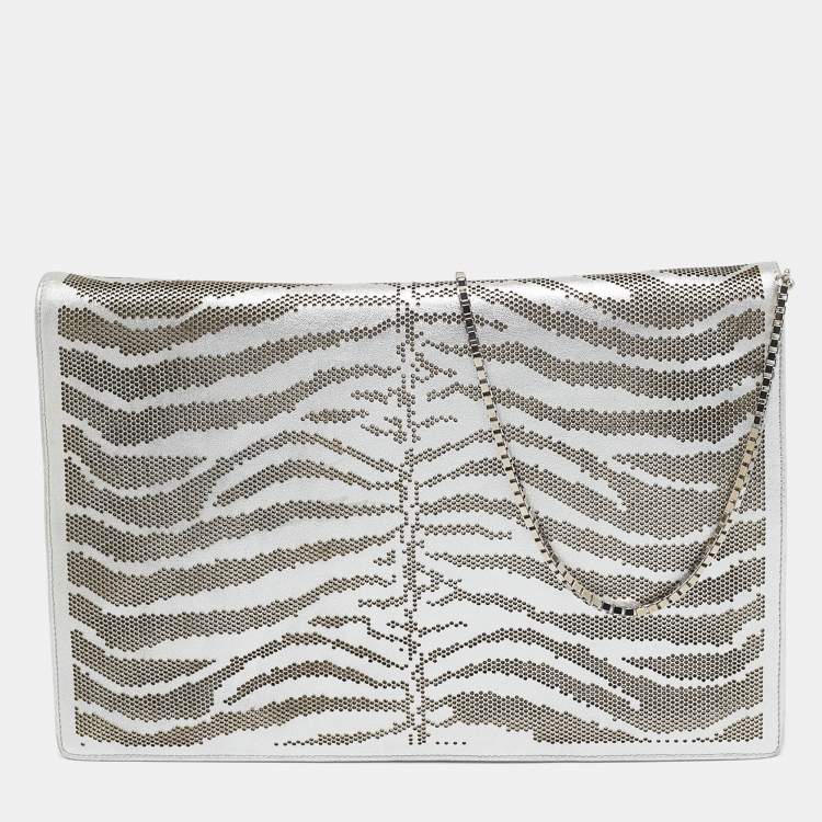 Pre Owned Roberto Cavalli Silver Perforated Zebra Effect Leather Chain Flap Clutch