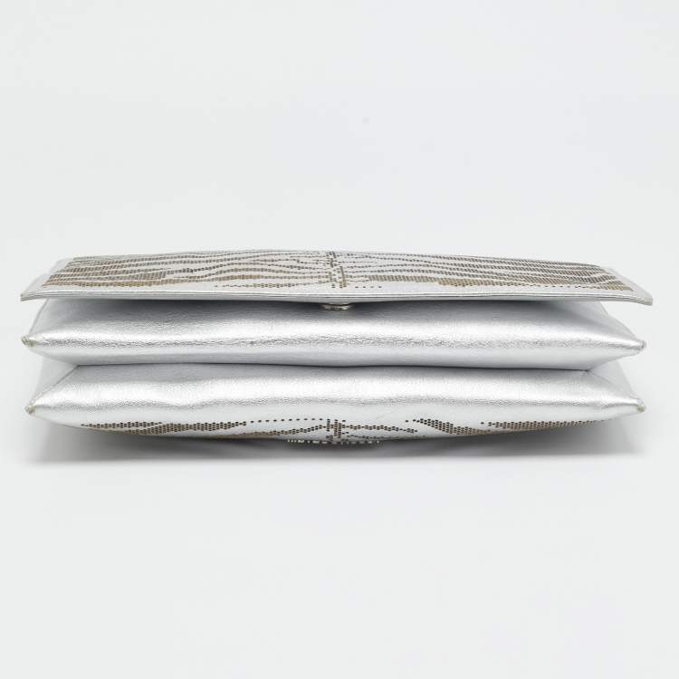 Pre Owned Roberto Cavalli Silver Perforated Zebra Effect Leather Chain Flap Clutch