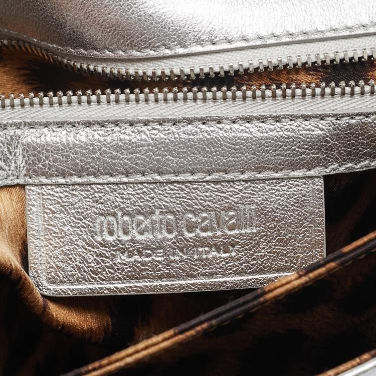 Pre Owned Roberto Cavalli Silver Perforated Zebra Effect Leather Chain Flap Clutch