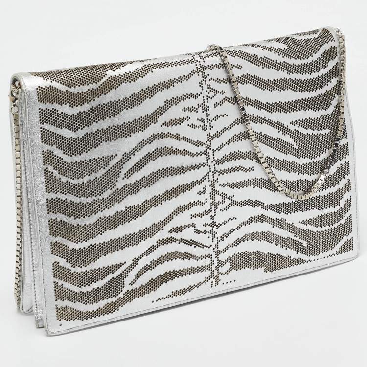 Pre Owned Roberto Cavalli Silver Perforated Zebra Effect Leather Chain Flap Clutch