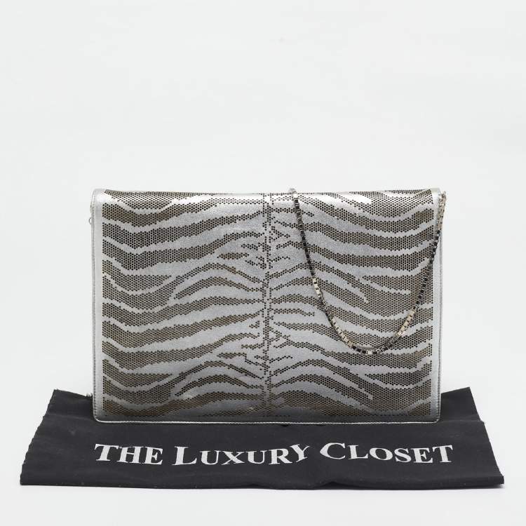 Pre Owned Roberto Cavalli Silver Perforated Zebra Effect Leather Chain Flap Clutch