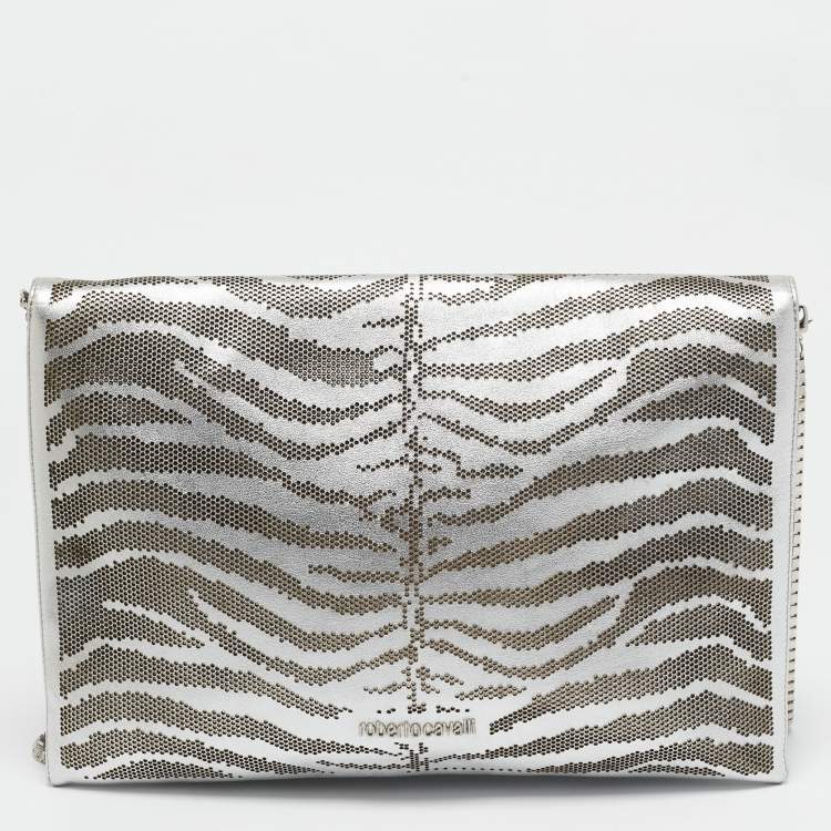 Pre Owned Roberto Cavalli Silver Perforated Zebra Effect Leather Chain Flap Clutch
