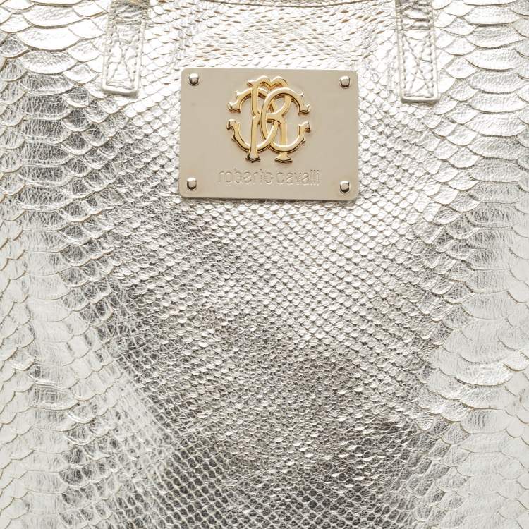 Pre Owned Roberto Cavalli Silver Python Embossed Leather RC Shopper Tote