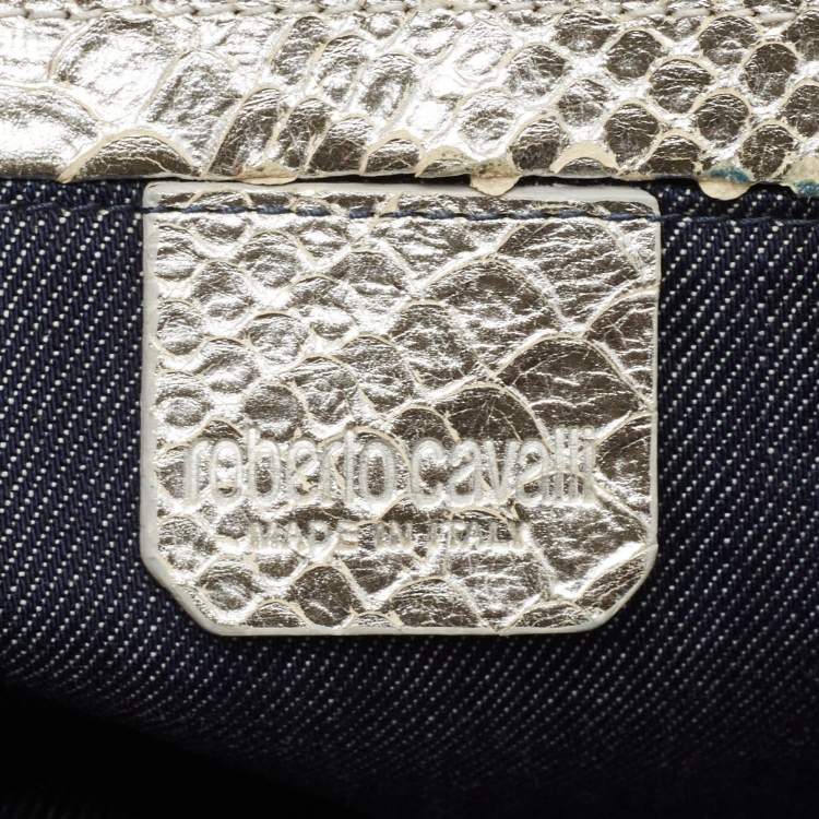 Pre Owned Roberto Cavalli Silver Python Embossed Leather RC Shopper Tote