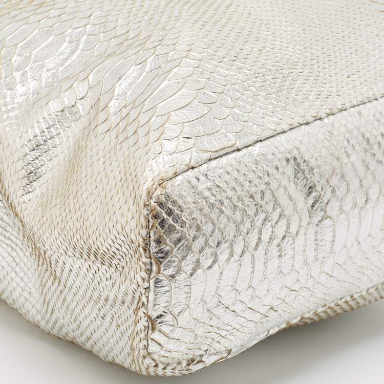 Pre Owned Roberto Cavalli Silver Python Embossed Leather RC Shopper Tote