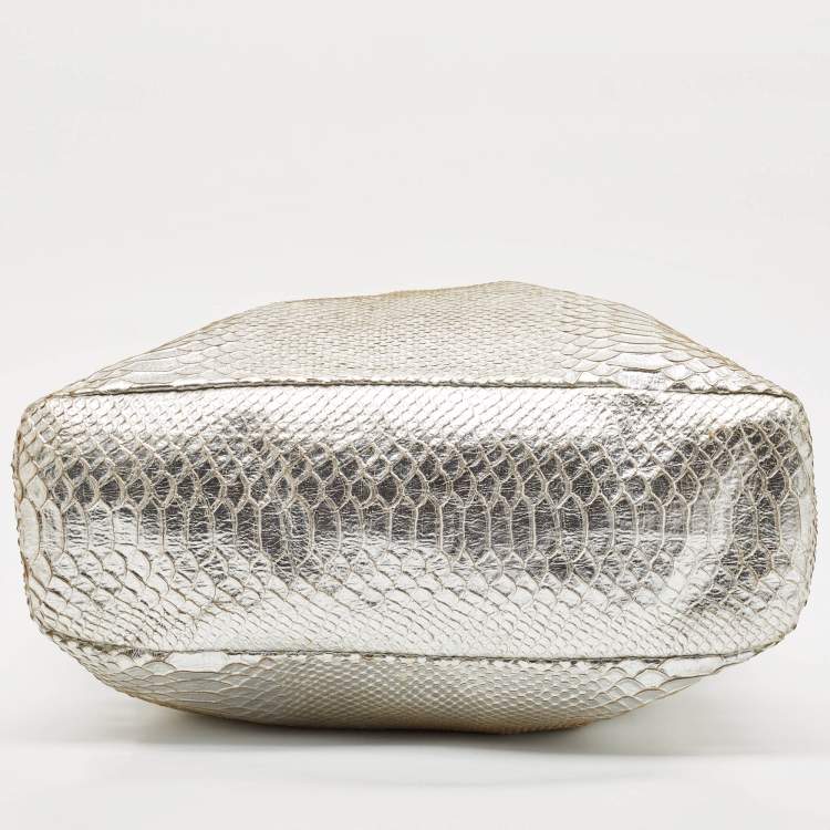 Pre Owned Roberto Cavalli Silver Python Embossed Leather RC Shopper Tote