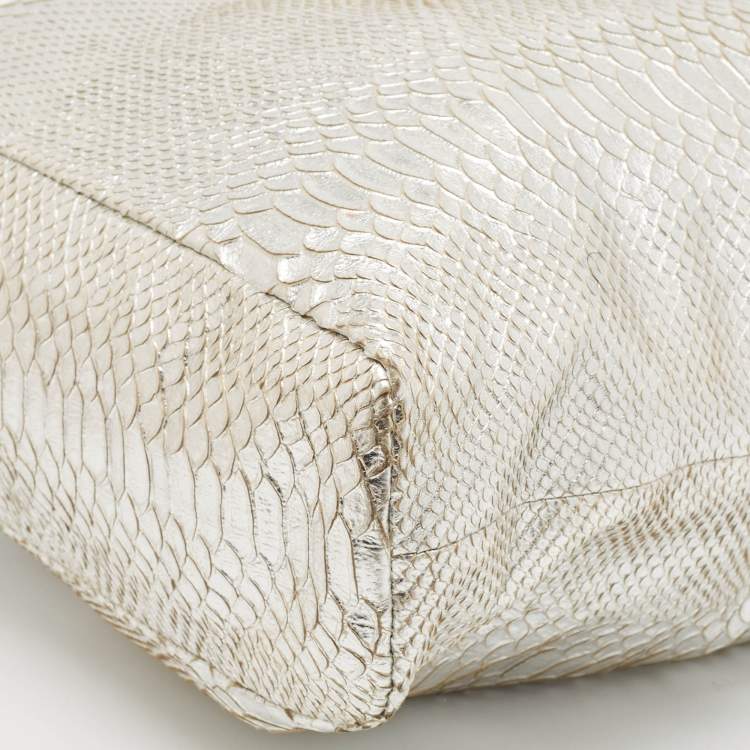 Pre Owned Roberto Cavalli Silver Python Embossed Leather RC Shopper Tote