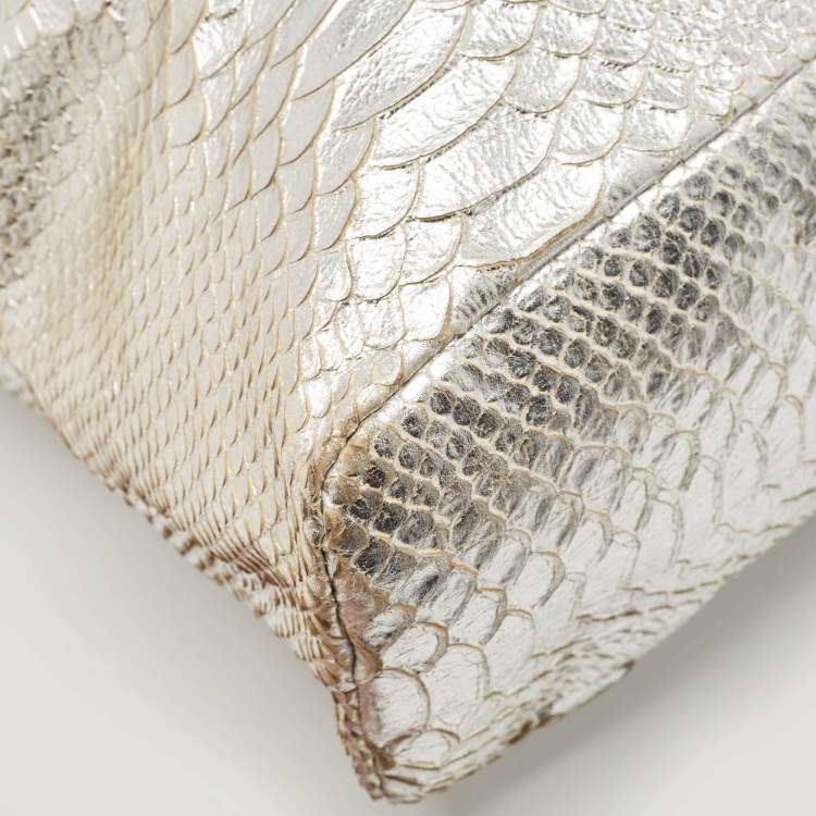 Pre Owned Roberto Cavalli Silver Python Embossed Leather RC Shopper Tote