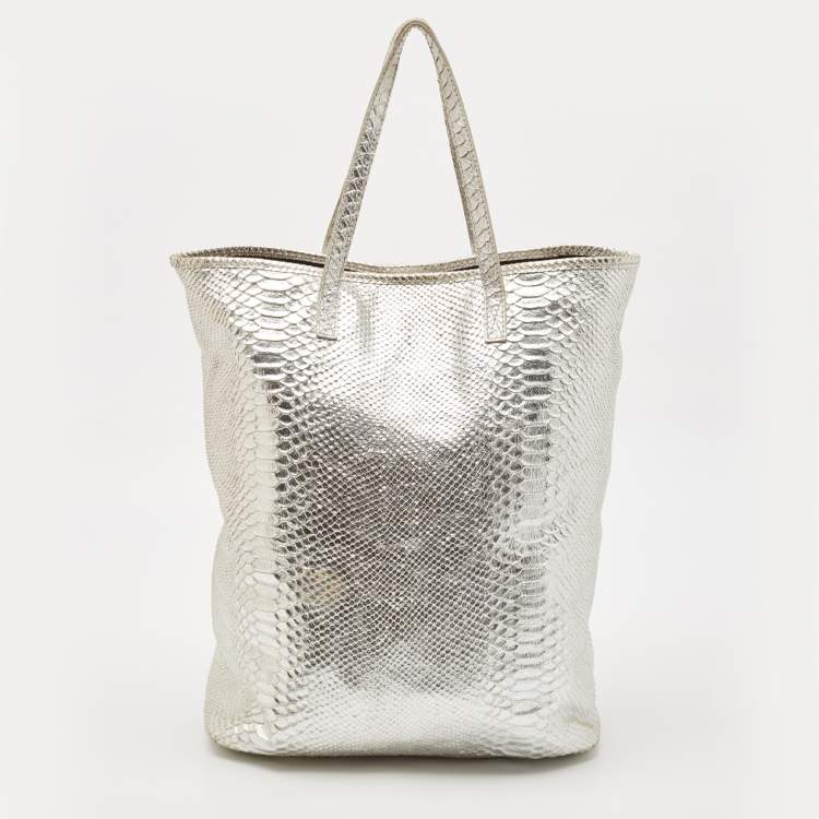 Pre Owned Roberto Cavalli Silver Python Embossed Leather RC Shopper Tote