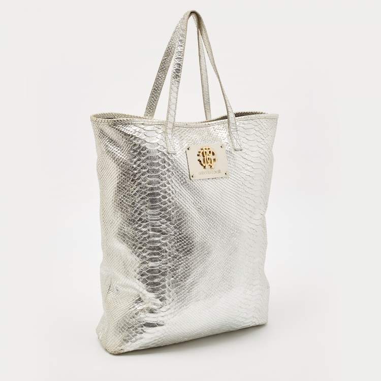 Pre Owned Roberto Cavalli Silver Python Embossed Leather RC Shopper Tote