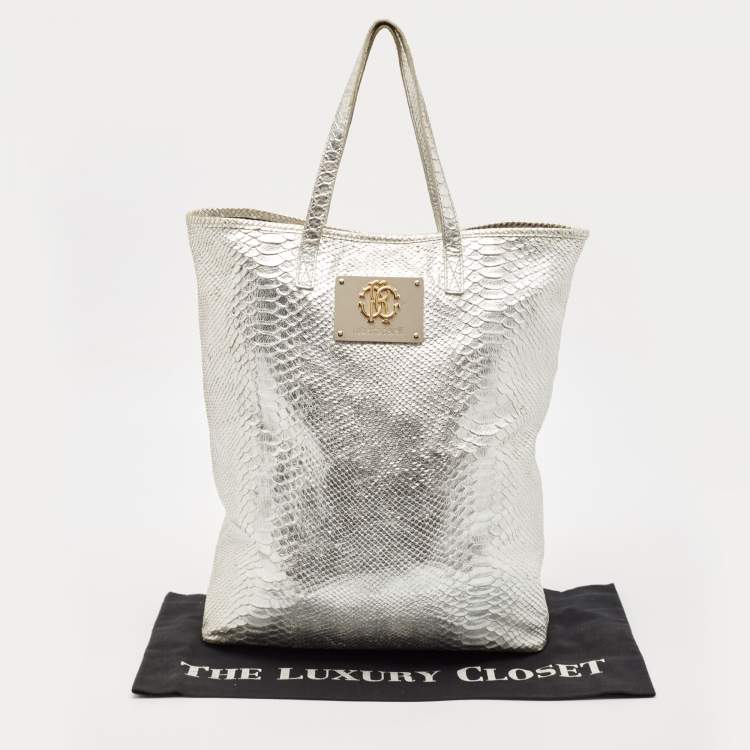 Pre Owned Roberto Cavalli Silver Python Embossed Leather RC Shopper Tote