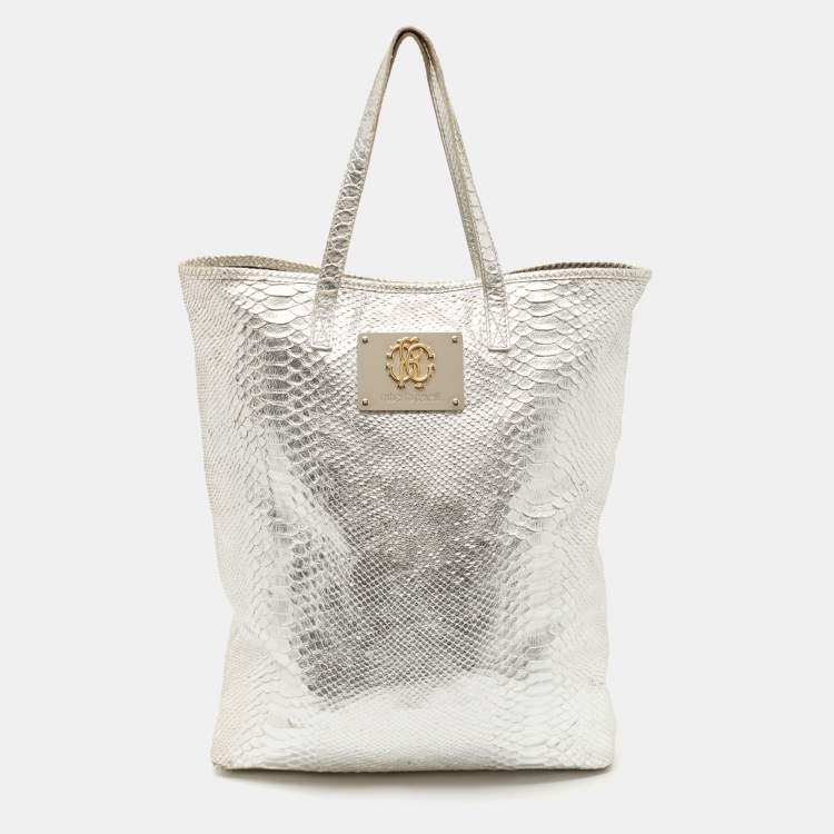 Pre Owned Roberto Cavalli Silver Python Embossed Leather RC Shopper Tote