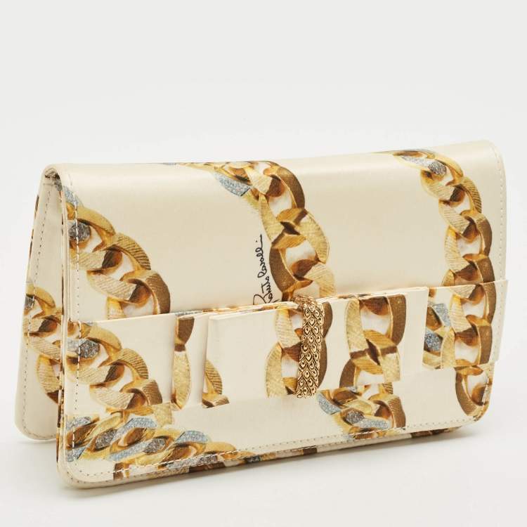 Pre Owned Roberto Cavalli Gold Chainlink Print Fabric Bow Clutch
