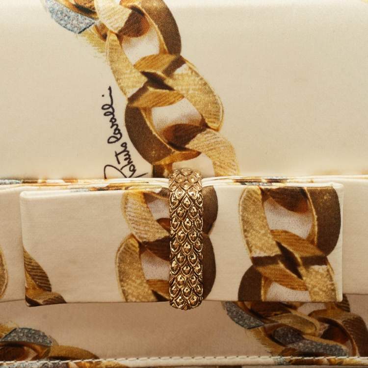 Pre Owned Roberto Cavalli Gold Chainlink Print Fabric Bow Clutch