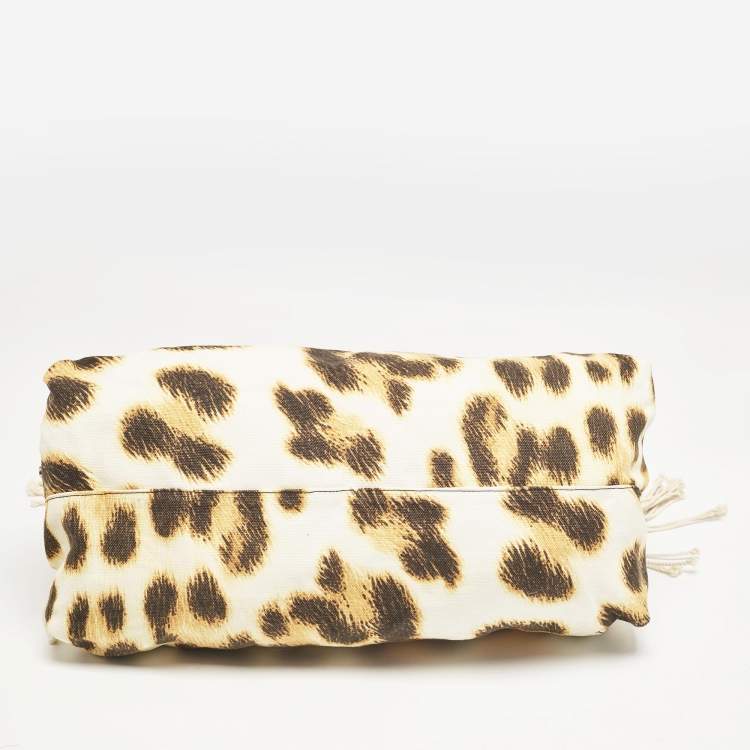 Pre Owned Roberto Cavalli White/Brown Leopard Print Canvas Tassel Hobo