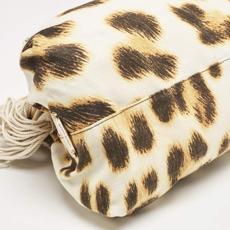 Pre Owned Roberto Cavalli White/Brown Leopard Print Canvas Tassel Hobo