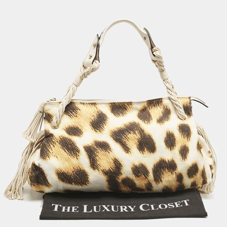 Pre Owned Roberto Cavalli White/Brown Leopard Print Canvas Tassel Hobo