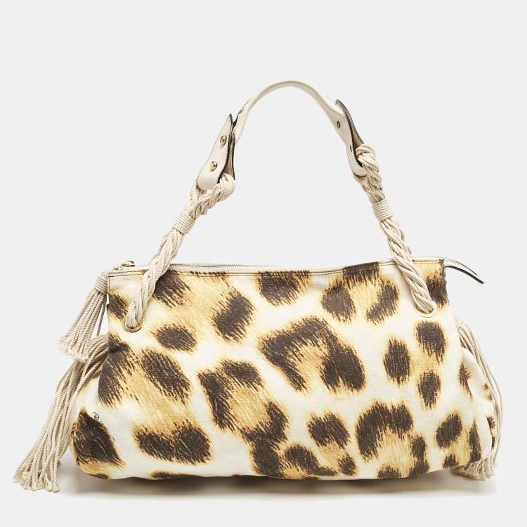 Pre Owned Roberto Cavalli White/Brown Leopard Print Canvas Tassel Hobo