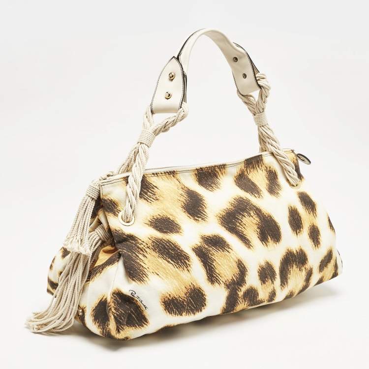 Pre Owned Roberto Cavalli White/Brown Leopard Print Canvas Tassel Hobo