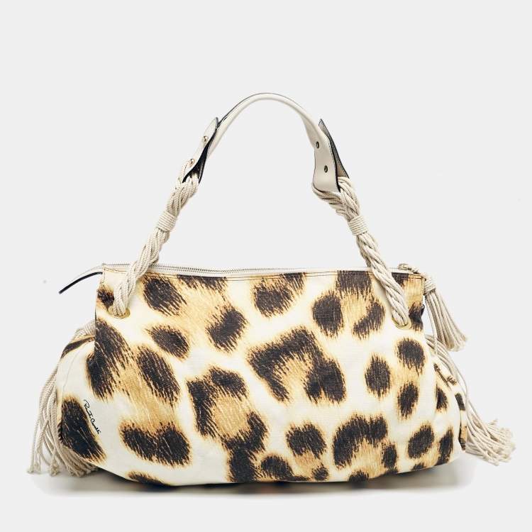 Pre Owned Roberto Cavalli White/Brown Leopard Print Canvas Tassel Hobo