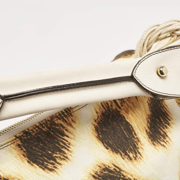Pre Owned Roberto Cavalli White/Brown Leopard Print Canvas Tassel Hobo