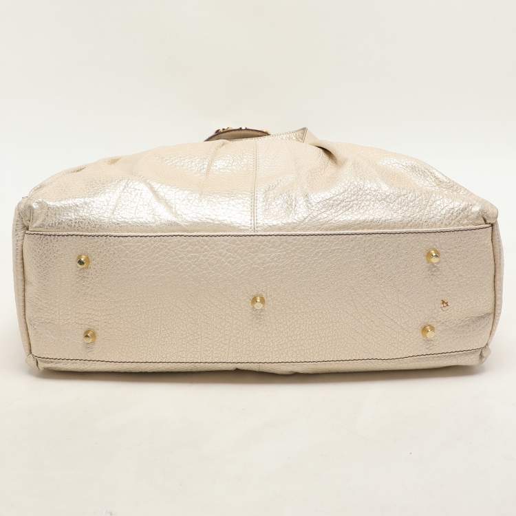 Pre Owned Roberto Cavalli Metallic Gold Textured Leather Chain Detail Handle Satchel
