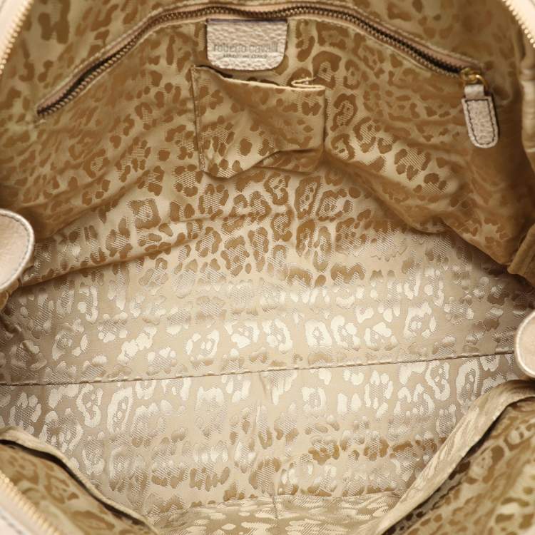 Pre Owned Roberto Cavalli Metallic Gold Textured Leather Chain Detail Handle Satchel