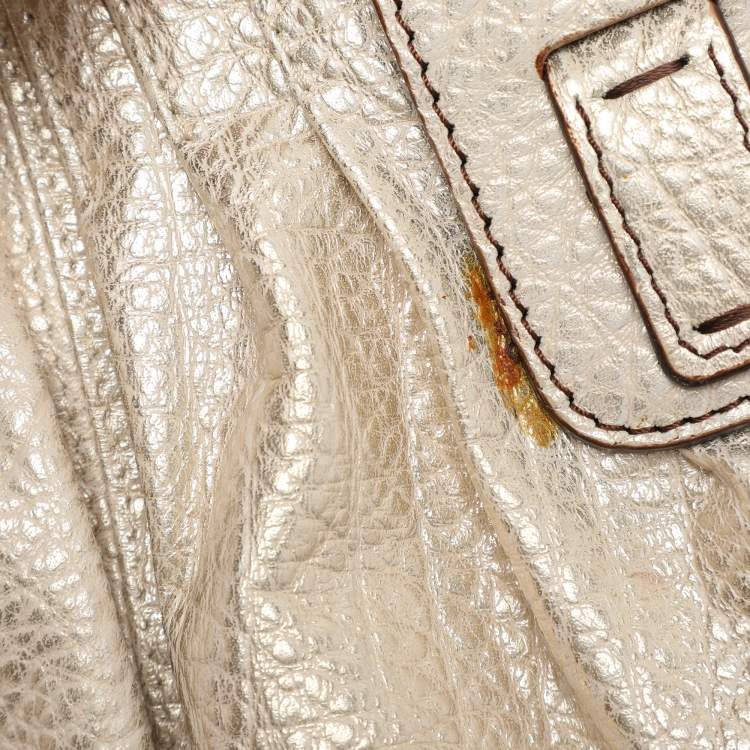 Pre Owned Roberto Cavalli Metallic Gold Textured Leather Chain Detail Handle Satchel